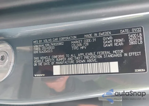 2022 Volvo Xc60 B5 Inscription z USA, uszkodzony, nr VIN YV4L12RL7N1020862